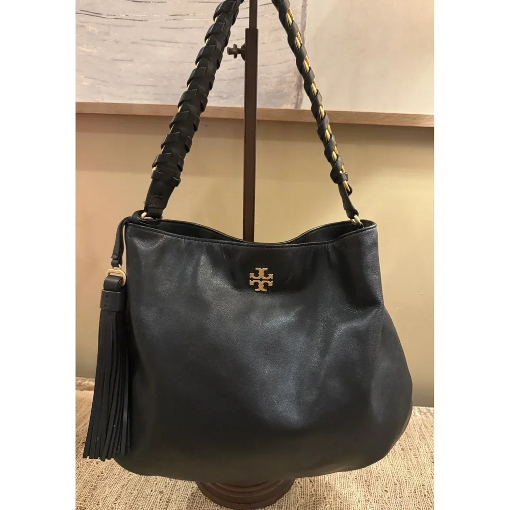 Tory Burch Brooke Minimalist Hobo‎ Bag Black Leather Gold Braided Handle 598$